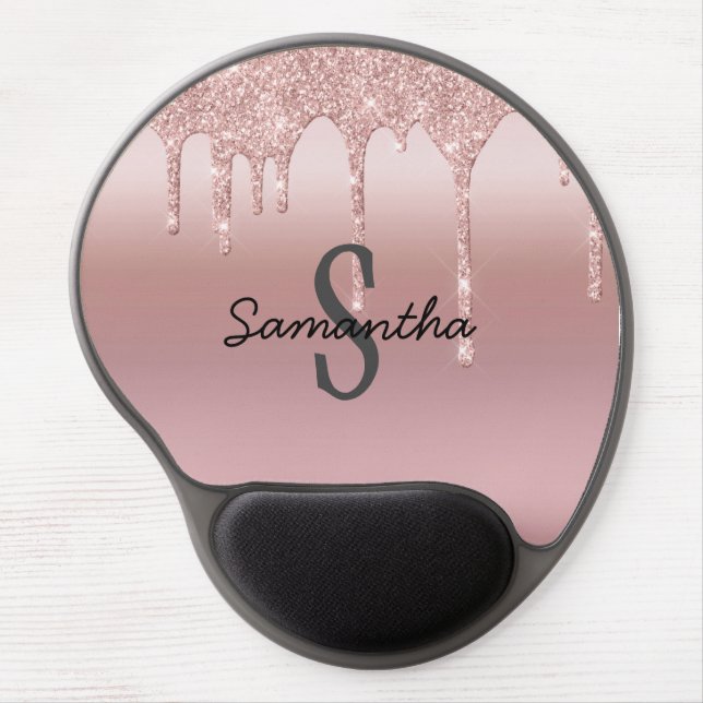 Monogram Rose Gold Drip Glitter Blush Pink Trendy Gel Mouse Pad (Front)