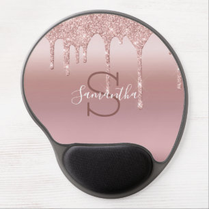 Monogram Rose Gold Drip Glitter Blush Pink Trendy Gel Mouse Pad