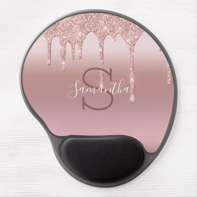 Monogram Rose Gold Drip Glitter Blush Pink Trendy  Gel Mouse Pad (Front)