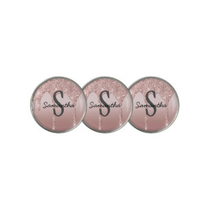 Monogram Rose Gold Drip Glitter Blush Pink Trendy Golf Ball Marker