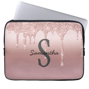 Monogram Rose Gold Drip Glitter Blush Pink Trendy  Laptop Sleeve