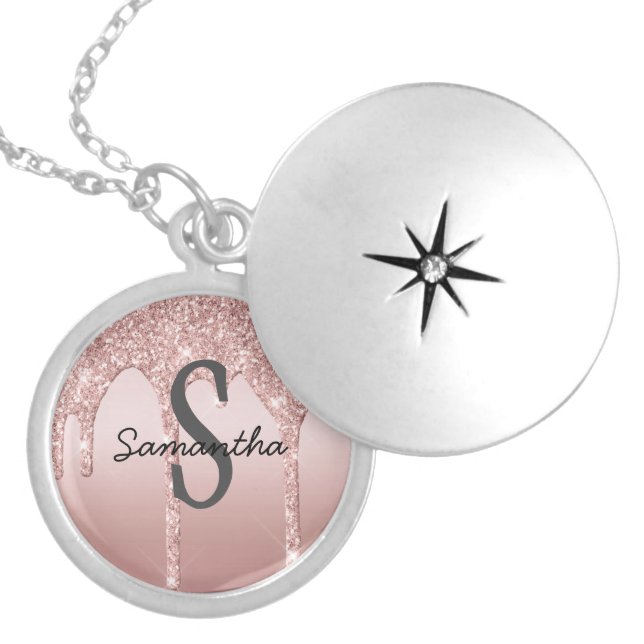 Monogram Rose Gold Drip Glitter Blush Pink Trendy Locket Necklace (Front)