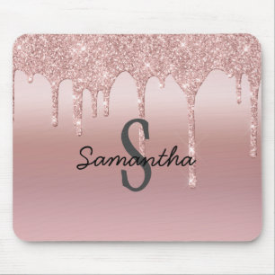 Monogram Rose Gold Drip Glitter Blush Pink Trendy Mouse Pad