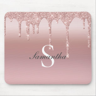 Monogram Rose Gold Drip Glitter Blush Pink Trendy Mouse Pad
