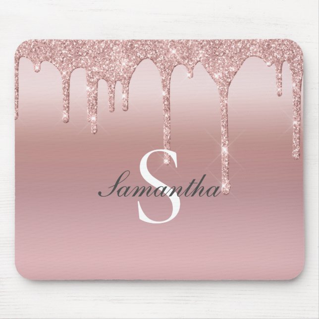 Monogram Rose Gold Drip Glitter Blush Pink Trendy  Mouse Pad (Front)