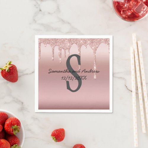 Monogram Rose Gold Drip Glitter Blush Pink Trendy Napkins