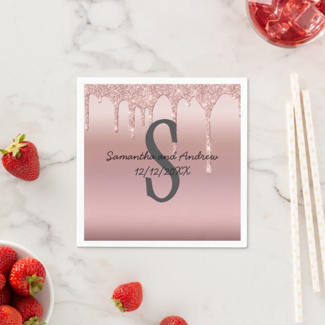 Monogram Rose Gold Drip Glitter Blush Pink Trendy Napkins (Insitu)
