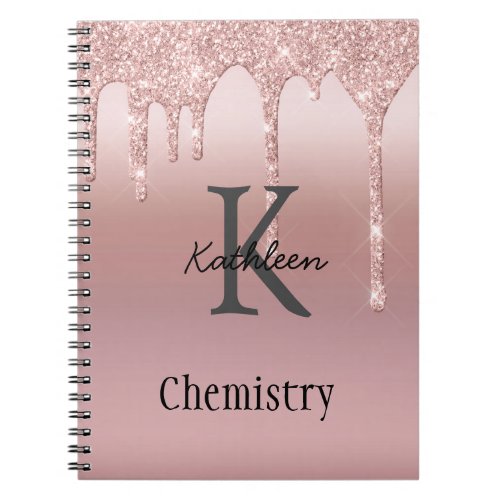 Monogram Rose Gold Drip Glitter Blush Pink Trendy Notebook