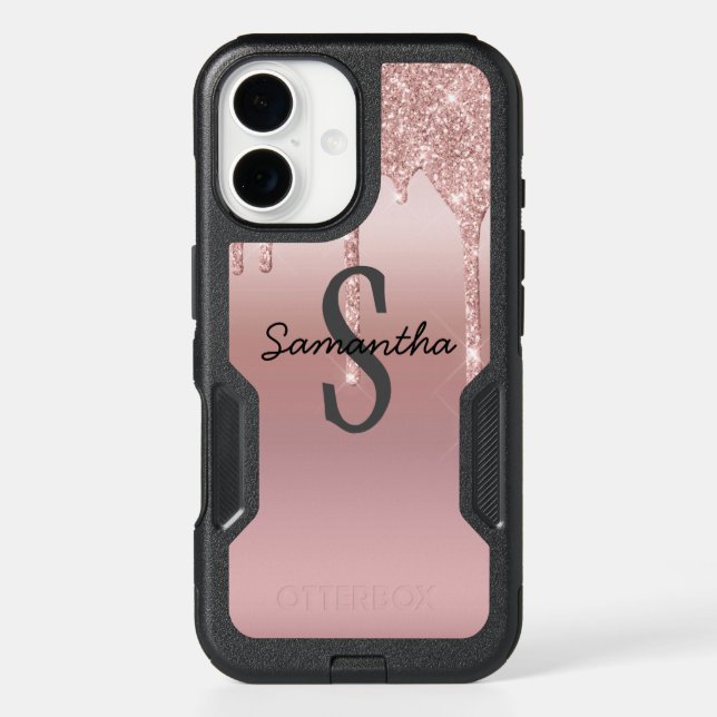 Monogram Rose Gold Drip Glitter Blush Pink Trendy  Otterbox iPhone Case (Back)