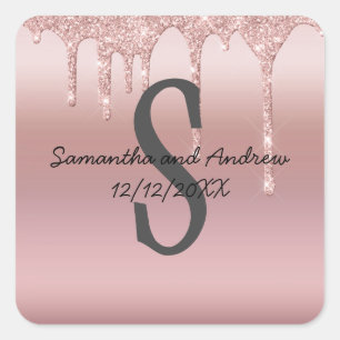 Monogram Rose Gold Drip Glitter Blush Pink Trendy Square Sticker