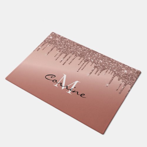 Monogram Rose Gold Dripping Glitter Metallic Doormat