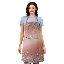 Monogram Rose Gold Dripping Glitter Metallic Name Apron Monogram Rose Gold Dripping Glitter Metallic Name Apron