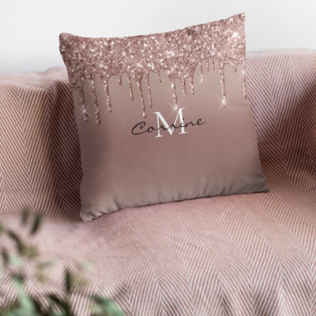 Monogram Rose Gold Dripping Glitter Metallic Pink Throw Pillow (Creator Uploaded)