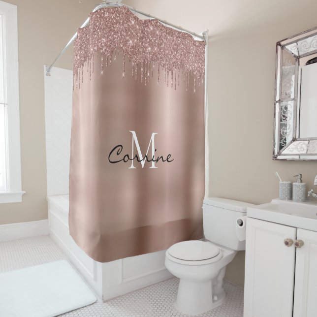 Monogram Rose Gold Dripping Glitter Metallic Shower Curtain (In Situ)