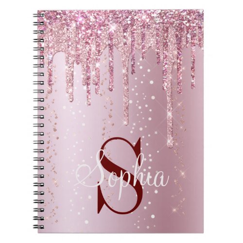 Monogram Rose Gold Dripping Glitter Sparkles Notebook