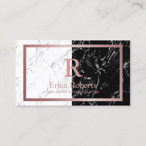 Monogram Rose Gold Elegant Black  White Marble Business Card