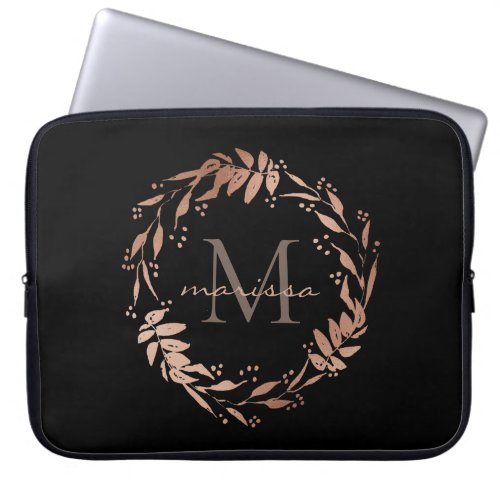 Monogram Rose Gold Eucalyptus Wreath Laptop Sleeve