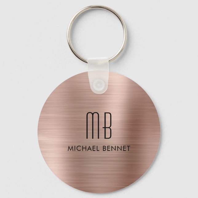 Monogram Rose Gold Faux Brushed Metal Keychain (Front)