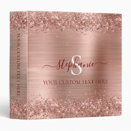 Monogram Rose Gold Faux-Glitter Girly Glam 3 Ring Binder