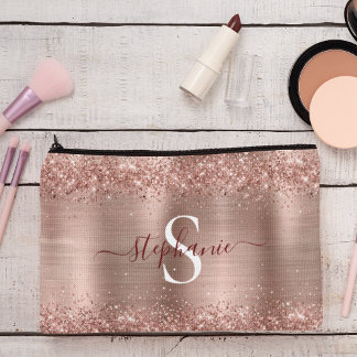 Monogram Rose Gold Faux-Glitter Girly Glam Accessory Pouch