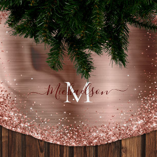 Monogram Rose Gold Faux-Glitter Girly Glam Brushed Polyester Tree Skirt