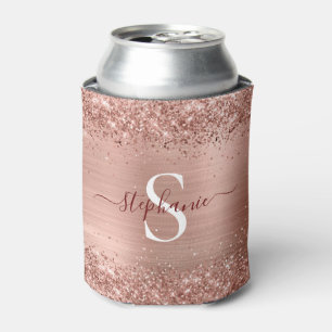 Monogram Rose Gold Faux-Glitter Girly Glam Can Cooler