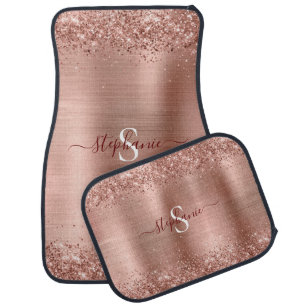 Monogram Rose Gold Faux-Glitter Girly Glam Car Floor Mat
