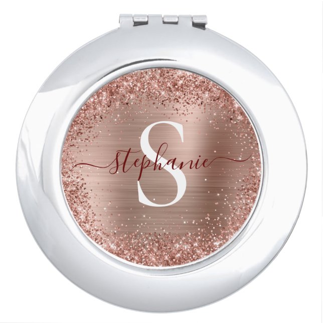 Monogram Rose Gold Faux-Glitter Girly Glam Compact Mirror (Front)