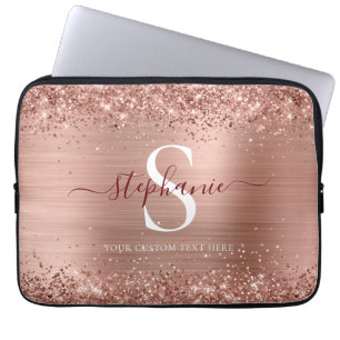 Monogram Rose Gold Faux-Glitter Girly Glam Laptop Sleeve