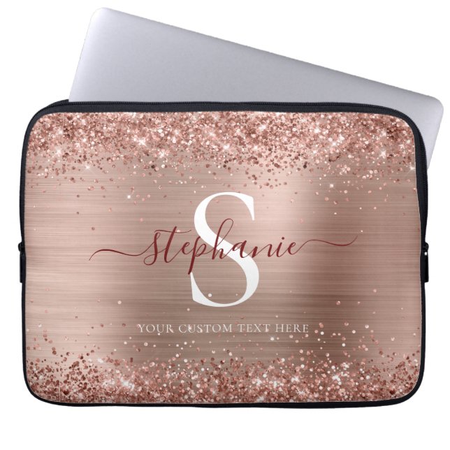 Monogram Rose Gold Faux-Glitter Girly Glam Laptop Sleeve (Front)