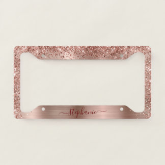 Monogram Rose Gold Faux-Glitter Girly Glam License Plate Frame