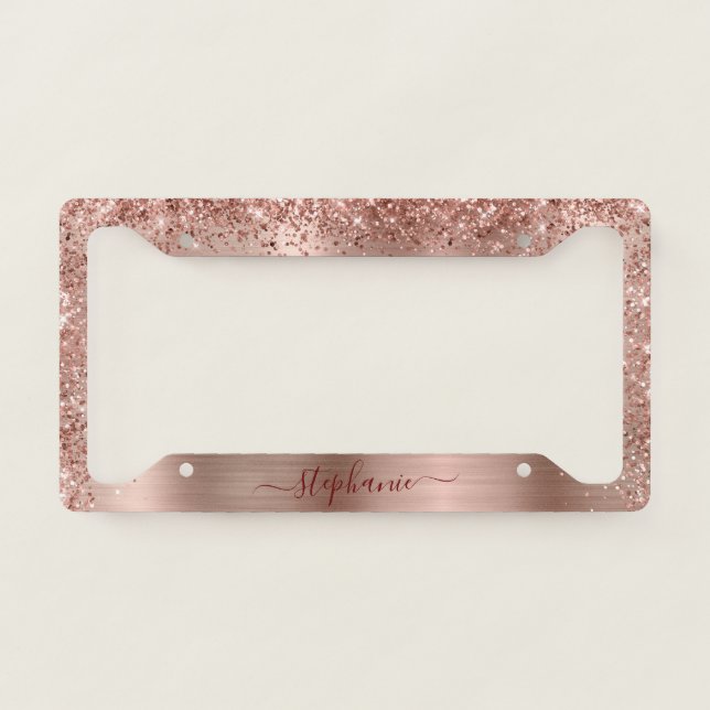 Monogram Rose Gold Faux-Glitter Girly Glam License Plate Frame (Front)