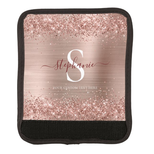 Monogram Rose Gold Faux-Glitter Girly Glam Luggage Handle Wrap (Front)