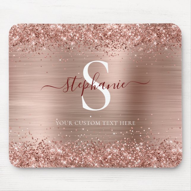 Monogram Rose Gold Faux-Glitter Girly Glam Mouse Pad (Front)