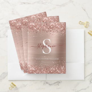 Monogram Rose Gold Faux-Glitter Girly Glam Pocket Folder