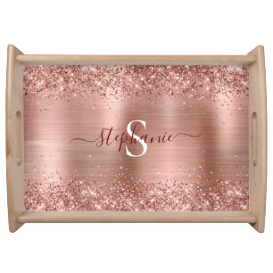 Monogram Rose Gold Faux-Glitter Girly Glam Serving Tray