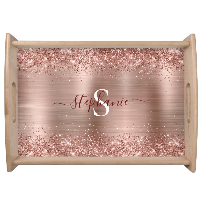 Monogram Rose Gold Faux-Glitter Girly Glam Serving Tray (Front)
