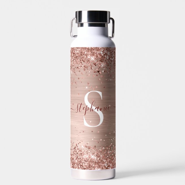 Monogram Rose Gold Faux-Glitter Girly Glam Water Bottle (Front)
