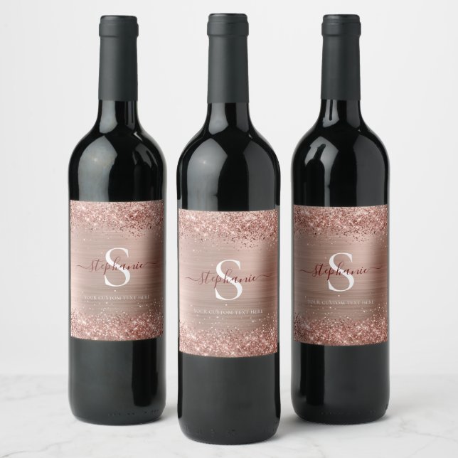 Monogram Rose Gold Faux-Glitter Girly Glam Wine Label (Bottles)