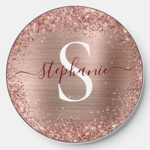 Monogram Rose Gold Faux-Glitter Girly Glam Wireless Charger
