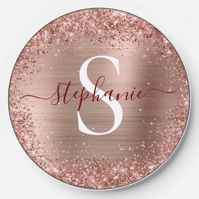Monogram Rose Gold Faux-Glitter Girly Glam Wireless Charger (Front)