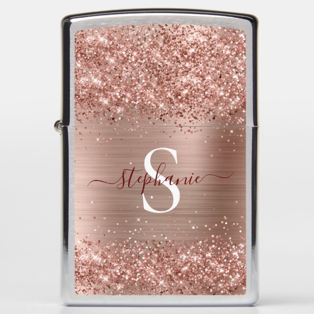Monogram Rose Gold Faux-Glitter Girly Glam Zippo Lighter (Front)