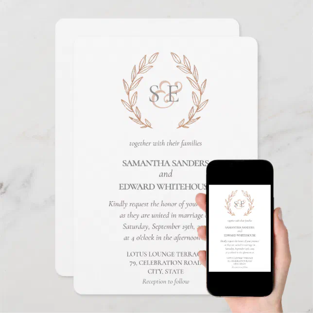 Monogram Rose Gold Floral Accents Wedding Invitation Zazzle