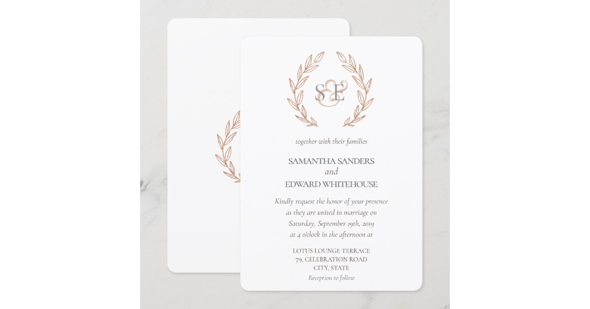 Monogram Rose Gold Floral Accents Wedding Invitation Zazzle