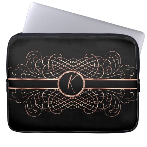 Monogram Rose Gold Floral and Black Background Laptop Sleeve