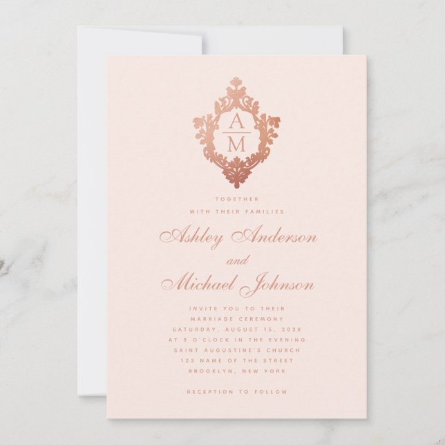 Monogram Rose Gold Floral Crest Blush Pink Wedding Invitation (Front)