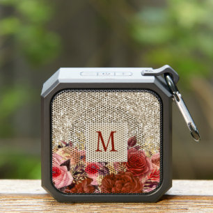 Monogram Rose Gold Flowers Light Gold Glitter Bluetooth Speaker