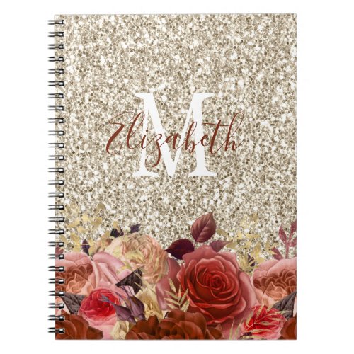 Monogram Rose Gold Flowers Light Gold Glitter Notebook - The graphics on this notebook features a glam design. A monogram with terracotta peach and gold flowers appear on a champagne (light gold) colored faux glitter background.