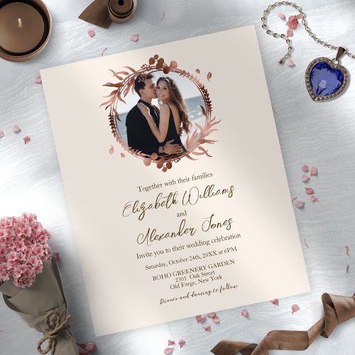 Monogram Rose Gold Foil Budget Wedding Invitation