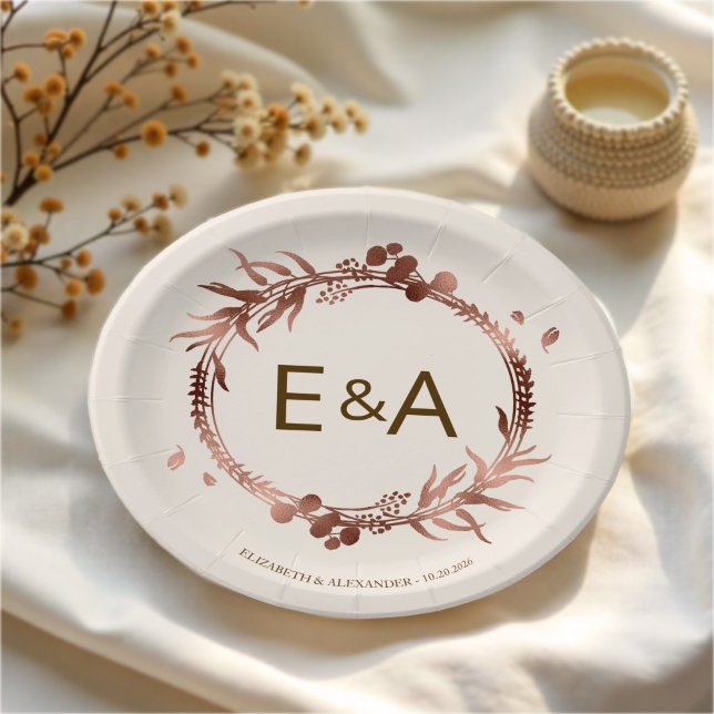 Monogram Rose Gold Foil Wedding Paper Plates (Creator Uploaded)